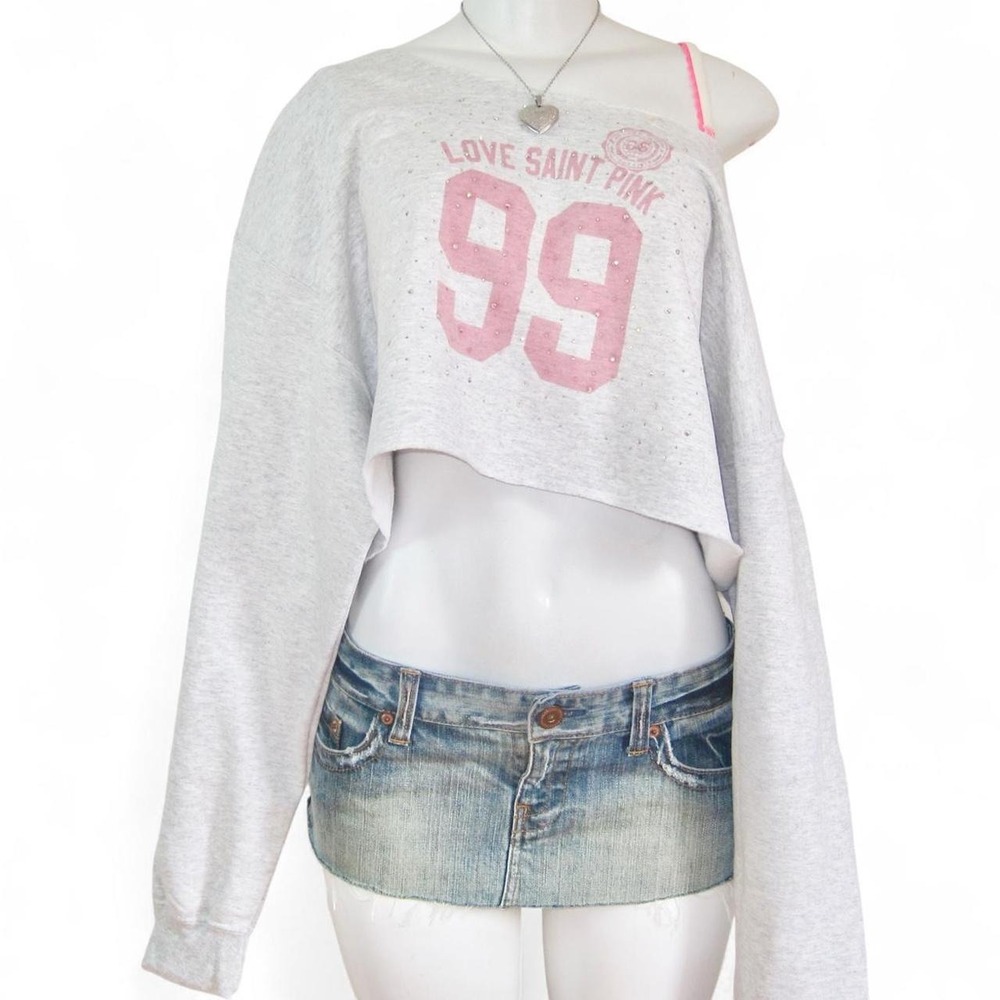 saint pink 99 cropped long sleeve y2k 2000s mcbling rhinestone indie sleaze